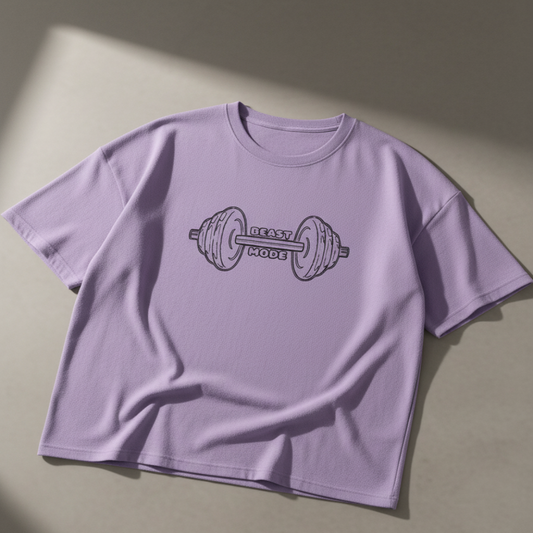 Purple t-shirt with barbell graphic and 'Beast Mode' text on a beige background