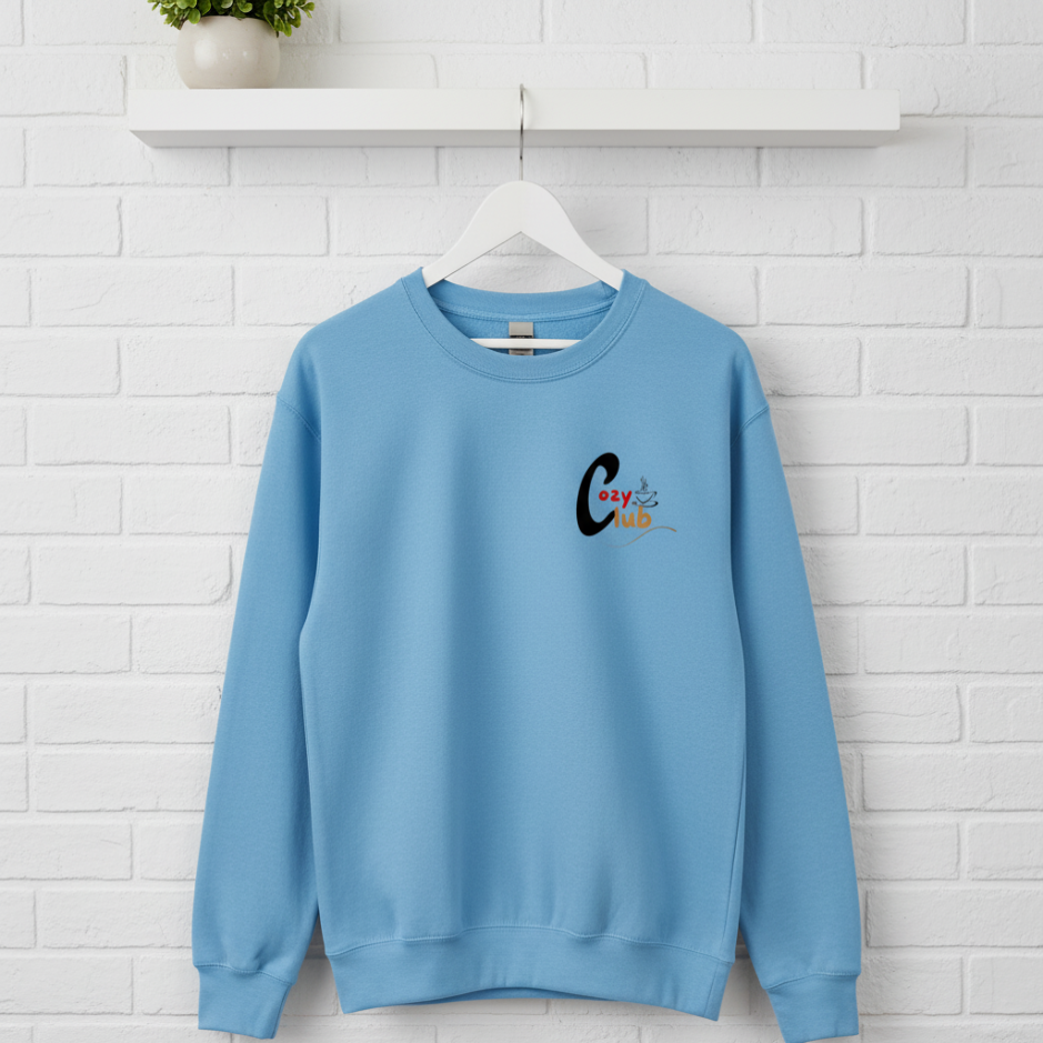 Light blue sweatshirt with a logo on a hanger against a white brick wall.