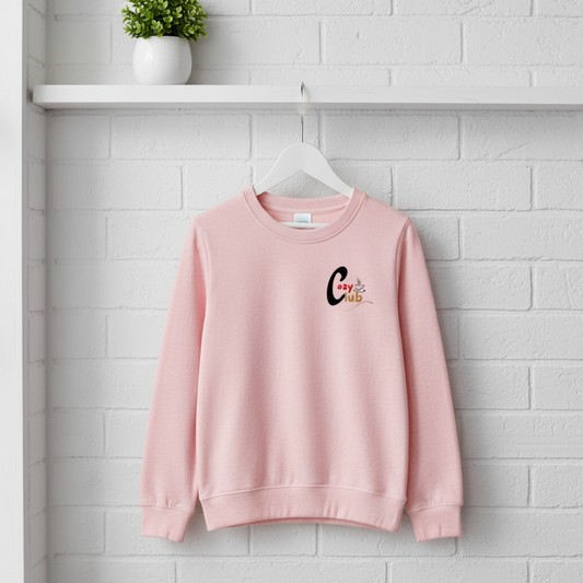 Pink sweatshirt with a logo on a hanger against a white brick wall.