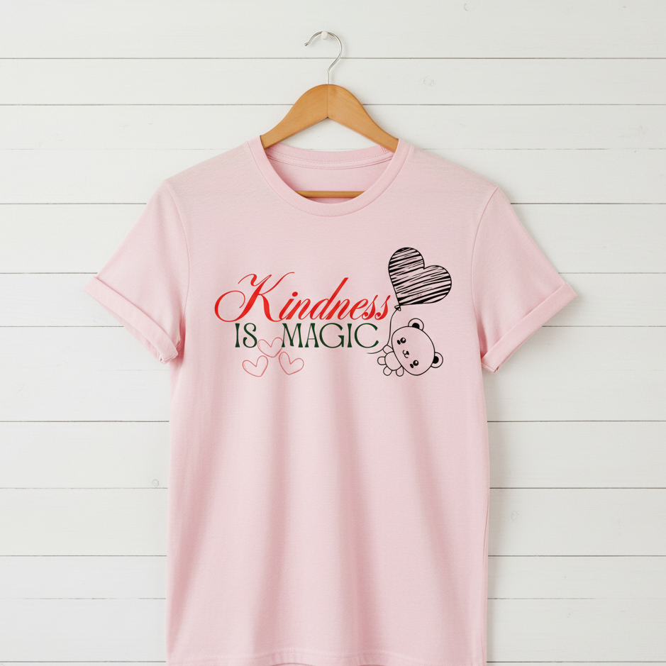 Pink t-shirt with 'Kindness is Magic' text and bear graphic on a wooden hanger against a white wooden background.
