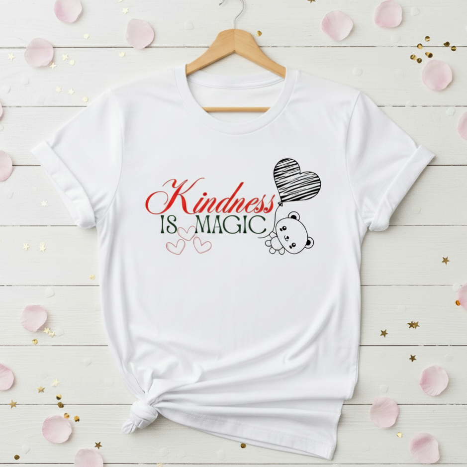 White t-shirt with 'Kindness is Magic' text and bear graphic on a wooden surface with decorative elements.