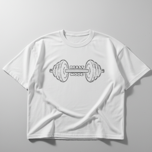White t-shirt with barbell graphic and 'Beast Mode' text on a gray background