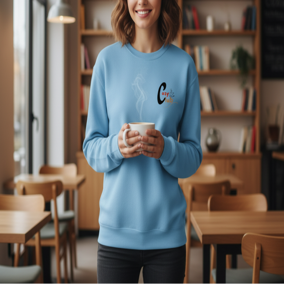 Woman in a blue sweatshirt holding a cup in a cozy cafe setting