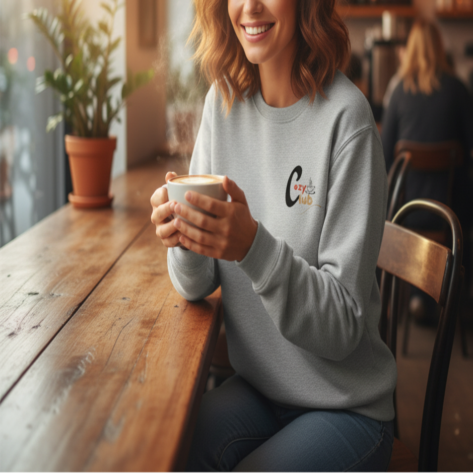 Woman sitting at a table in a cozy cafe holding a cup, wearing a sweatshirt with a logo.