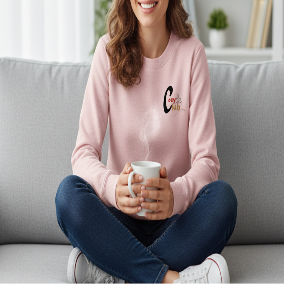 Woman sitting on a couch holding a mug, wearing a pink sweatshirt with a logo.