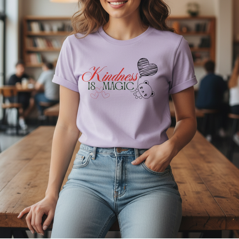 Woman wearing a 'Kindness is Magic' t-shirt in a casual setting