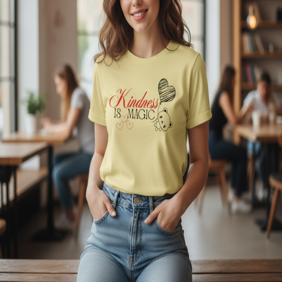 Woman wearing a yellow t-shirt with 'Kindness is Magic' design in a casual setting.